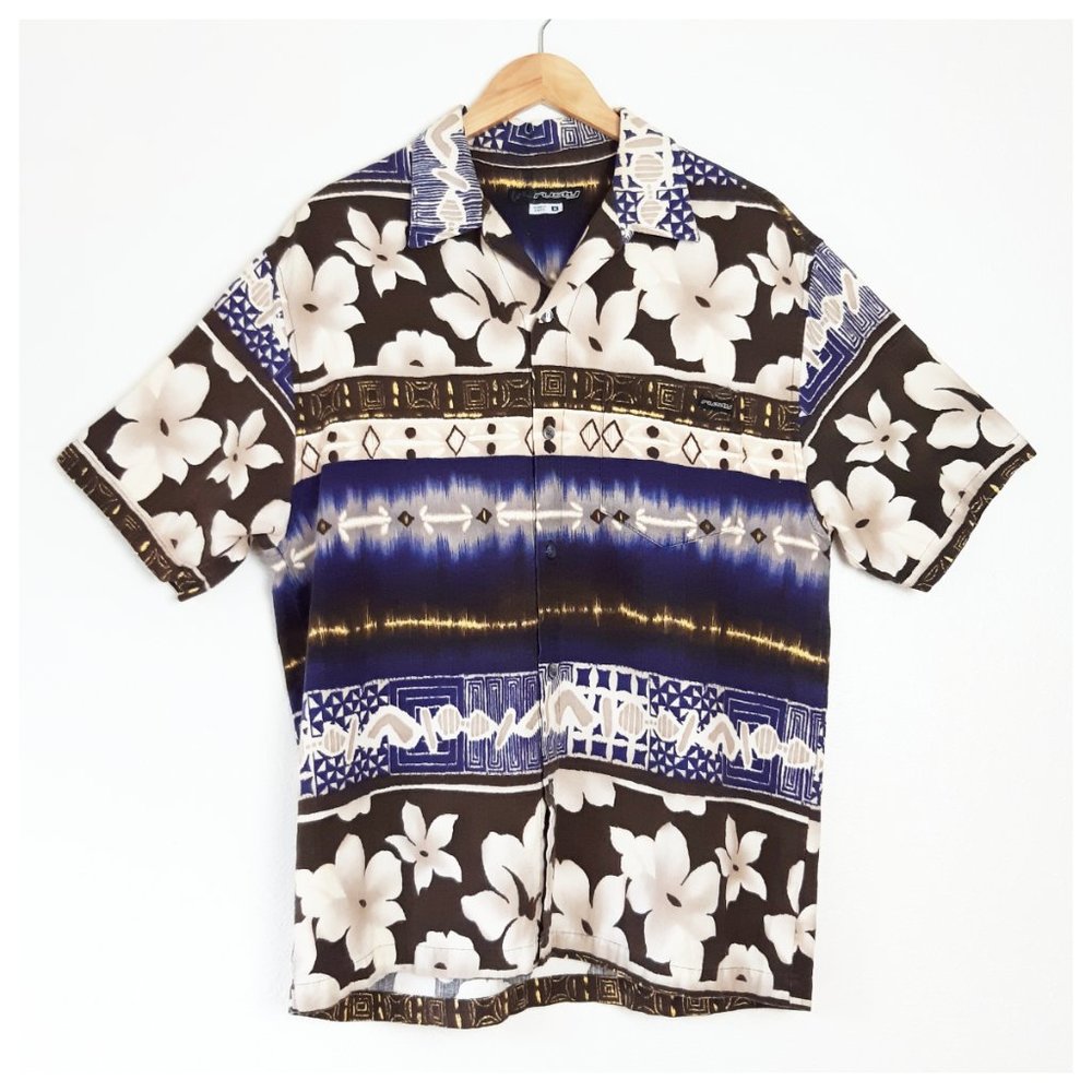 Rusty Hawaiian Shirt Blue Brown Beige Casual Short Sleeve Button Up Luau Party